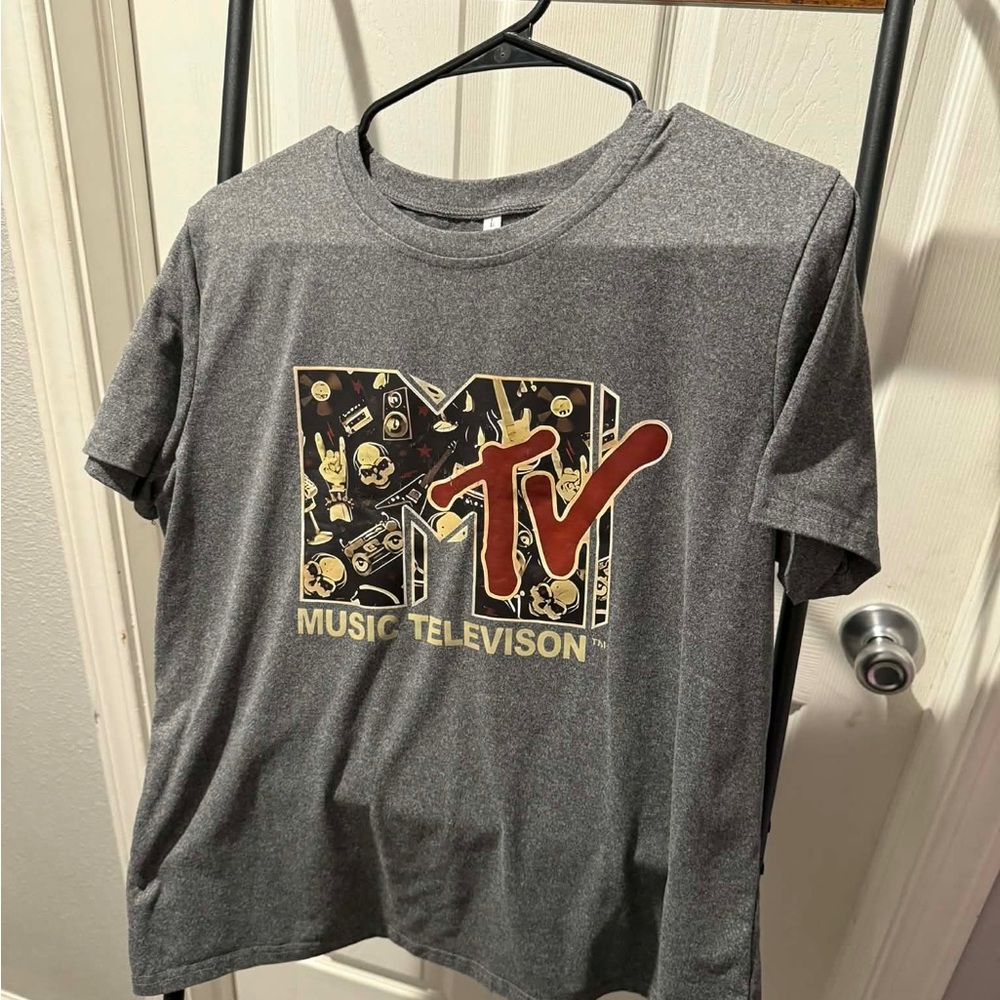MTV Logo Tee - Charcoal Gray with Red and Cream Graphic